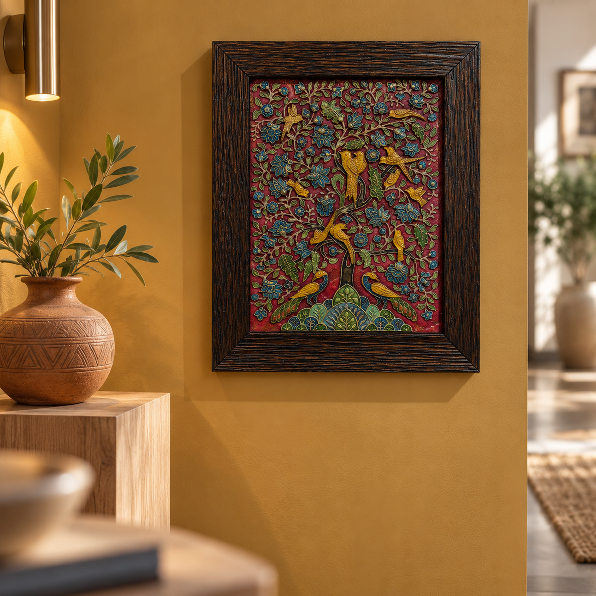 Stone Dust Painting – Floral Tree with Birds