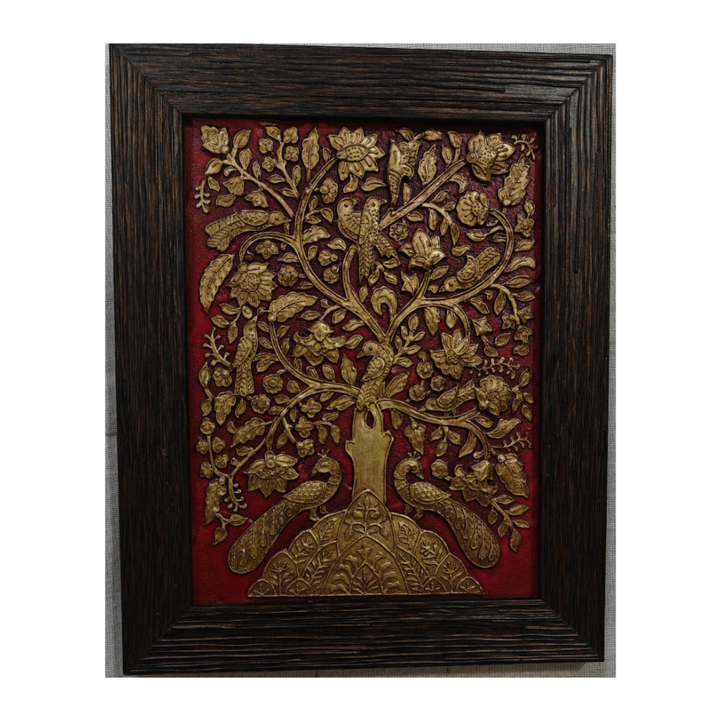 Stone Dust Painting – Golden Tree of Life with Birds