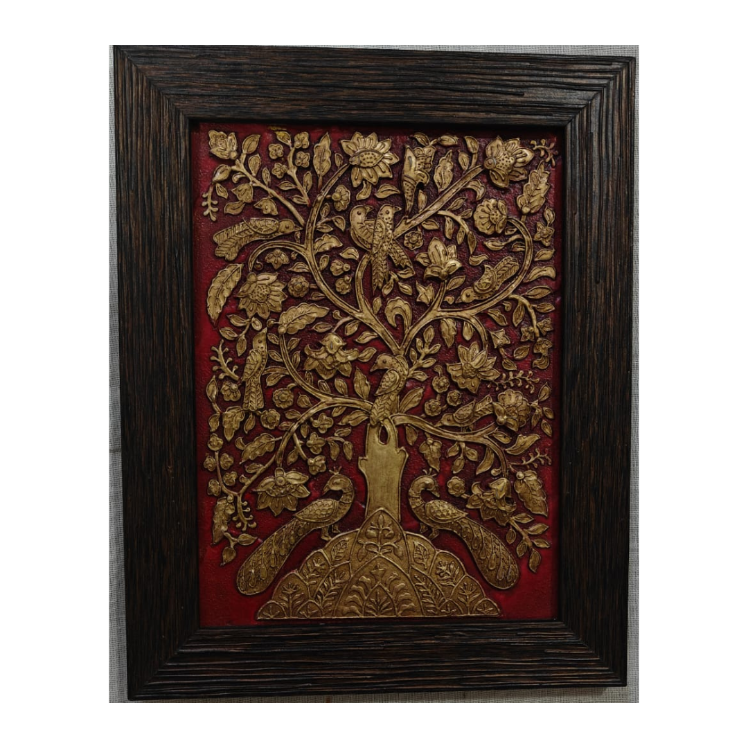 Stone Dust Painting – Golden Tree of Life with Birds