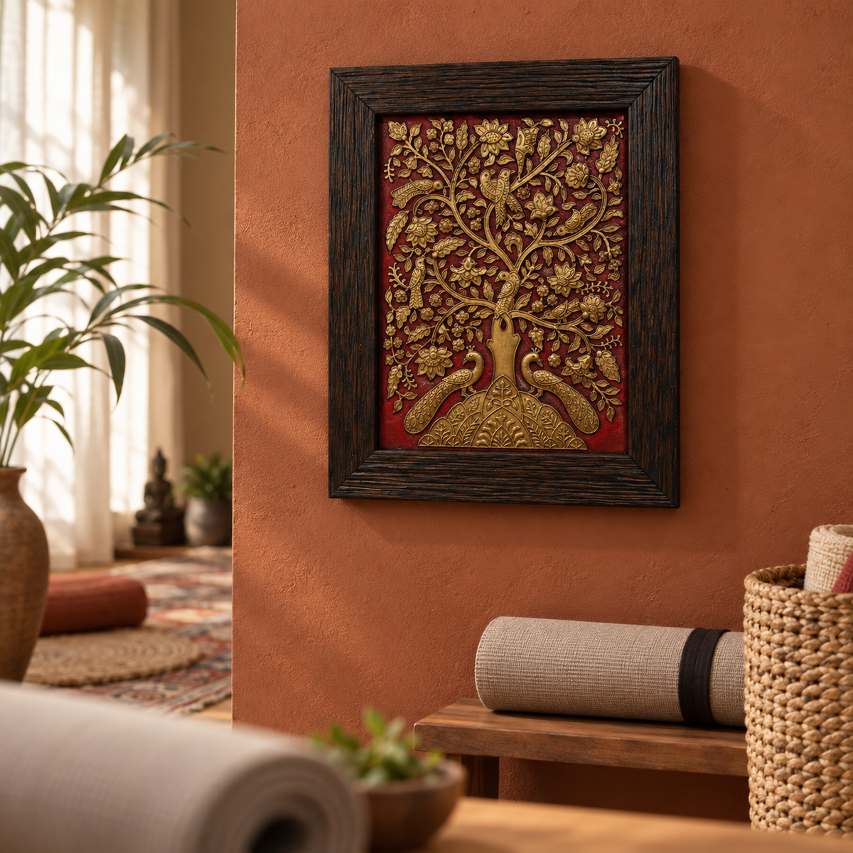 Stone Dust Painting – Golden Tree of Life with Birds