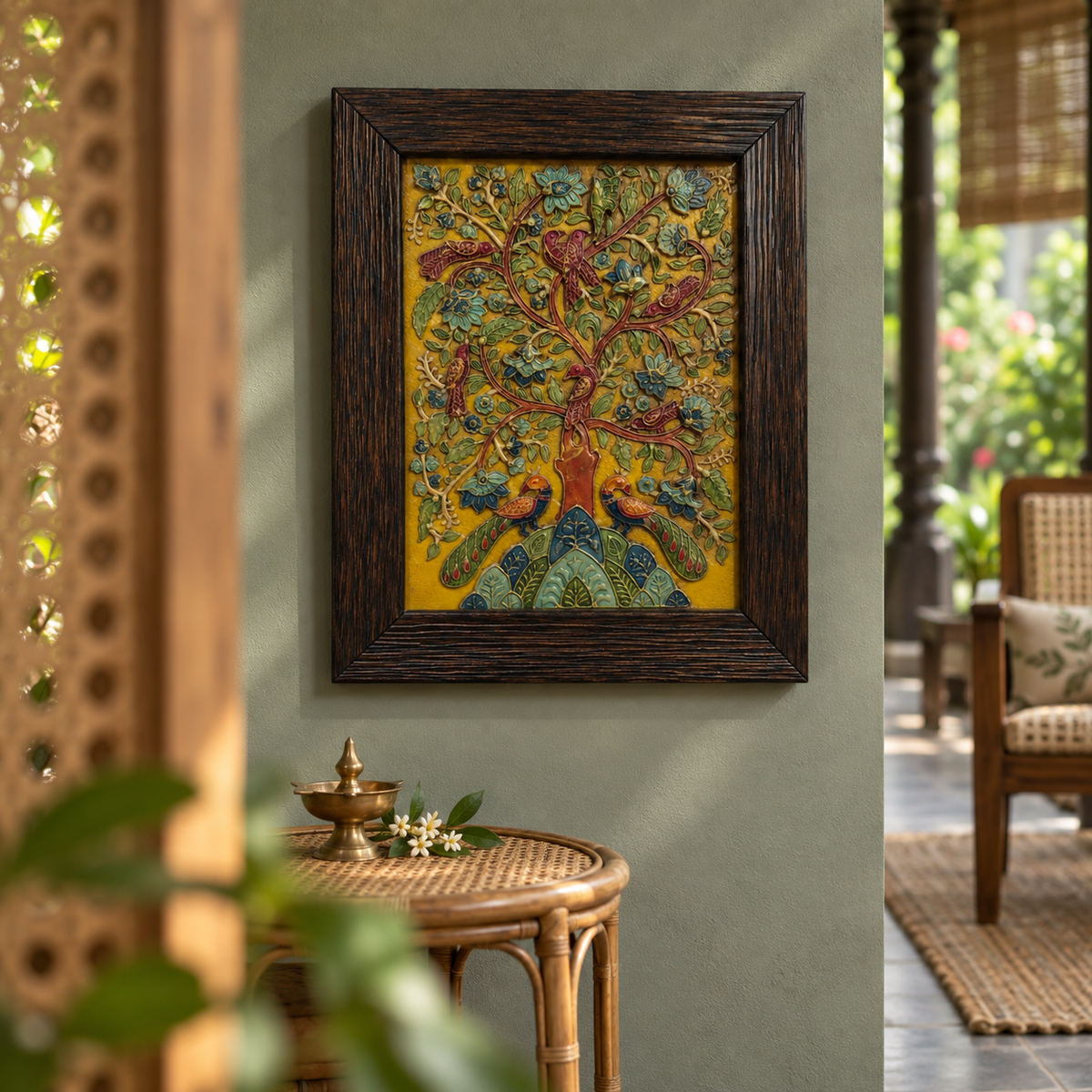 Stone Dust Painting – Tree of Life with Birds and Flowers