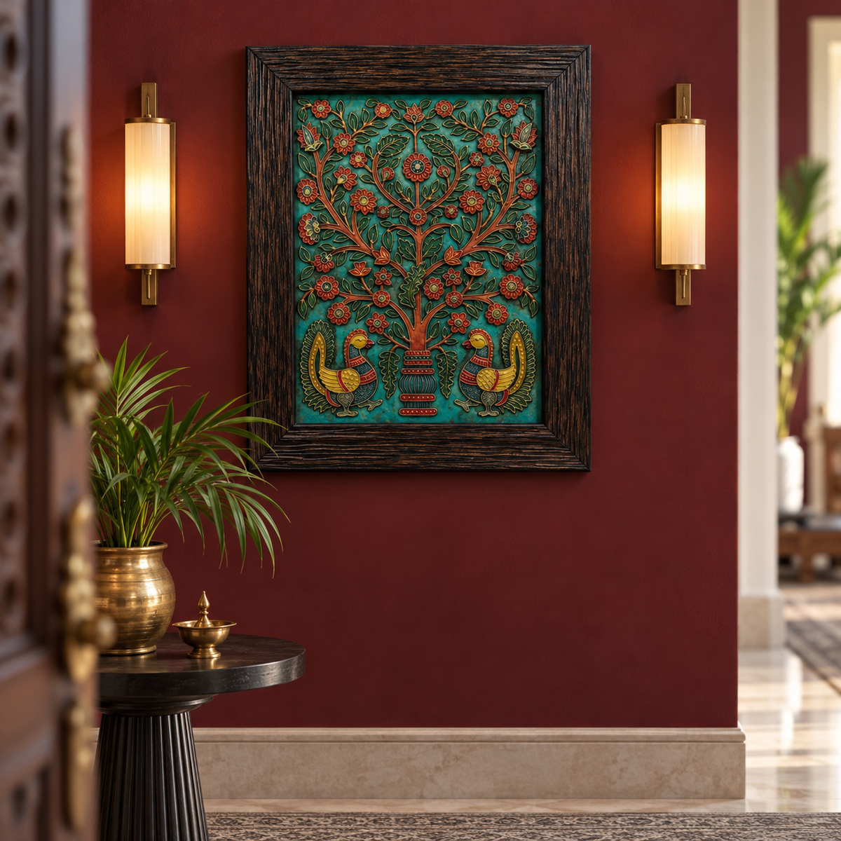 Stone Dust Painting – Floral Tree with Twin Birds