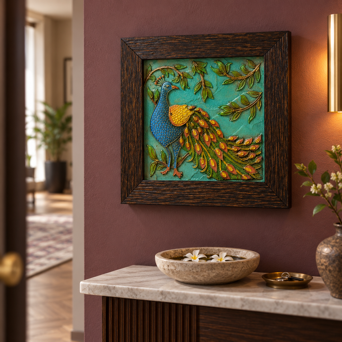 Stone Dust Painting – Peacock in Foliage