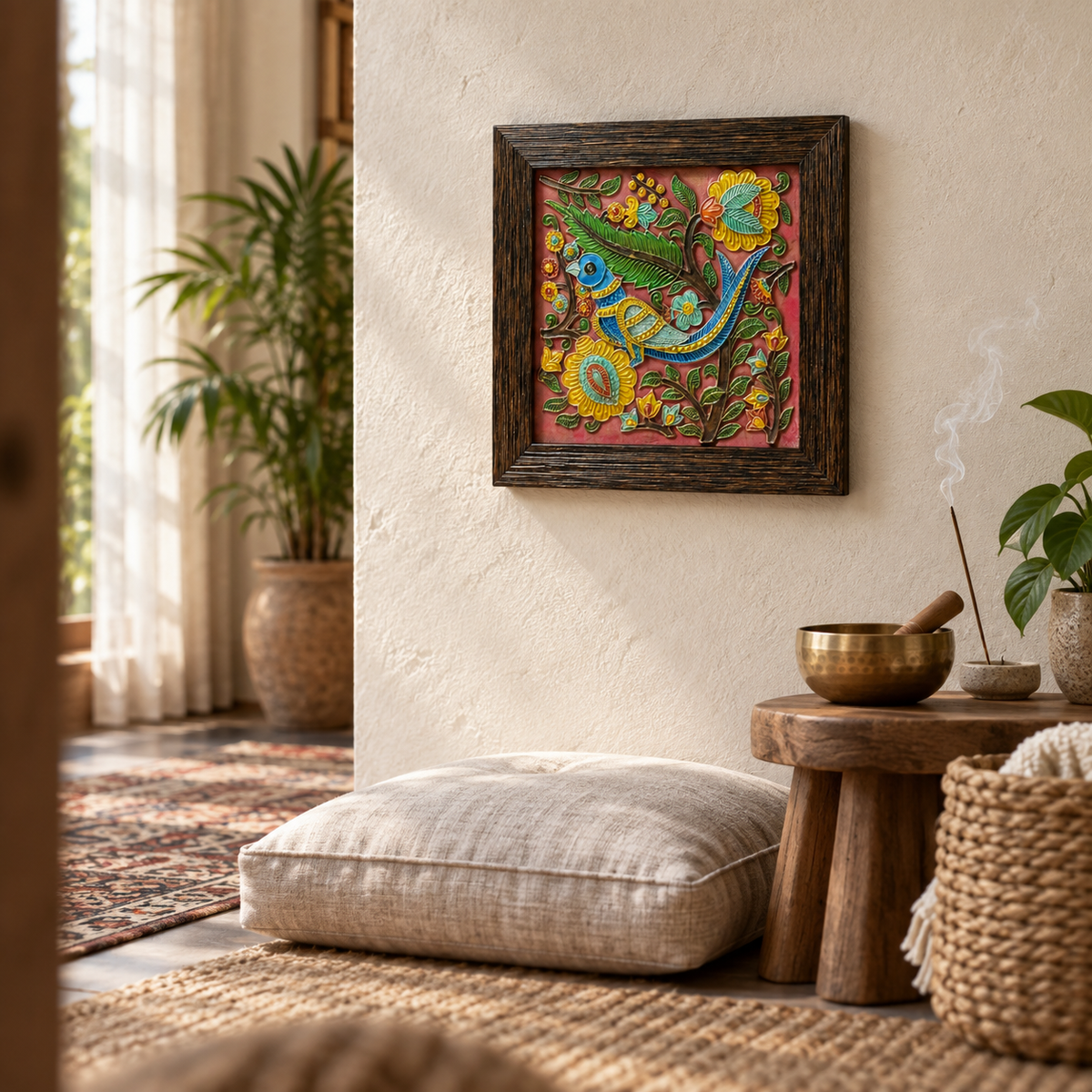 Stone Dust Painting – Bird in Floral Foliage