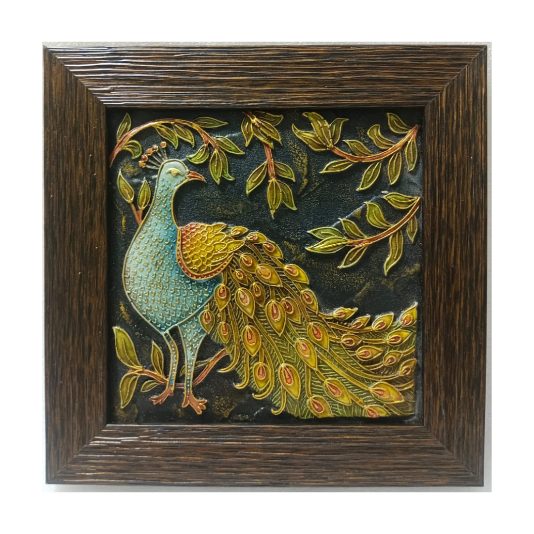 Stone Dust Painting – Peacock with Floral Foliage