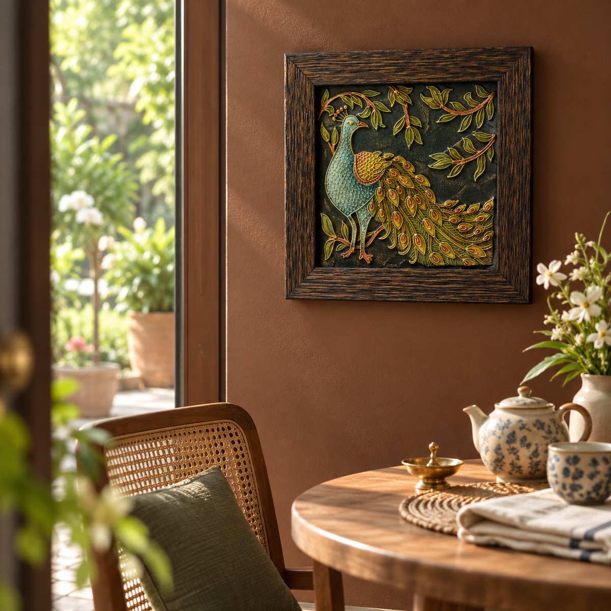 Stone Dust Painting – Peacock with Floral Foliage