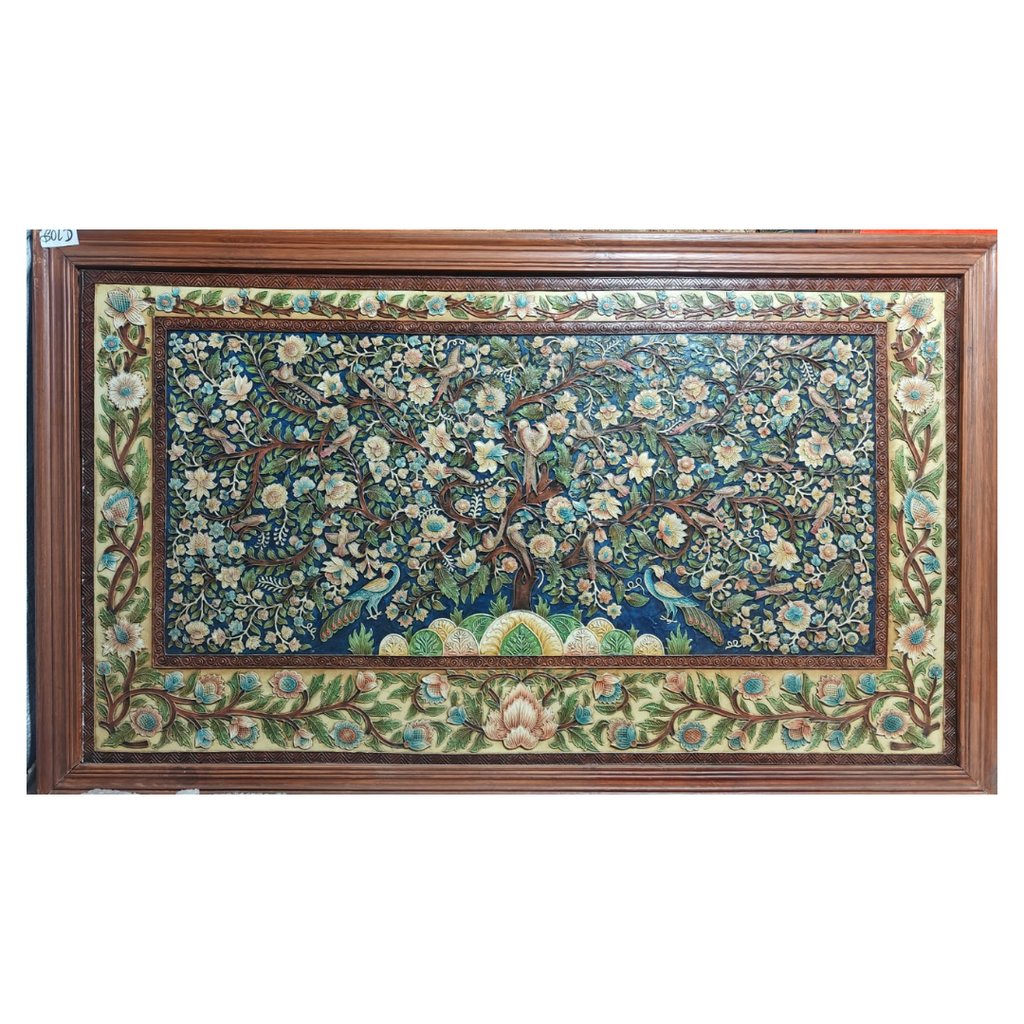 Stone Dust Painting – Floral Tree with Birds and Peacocks