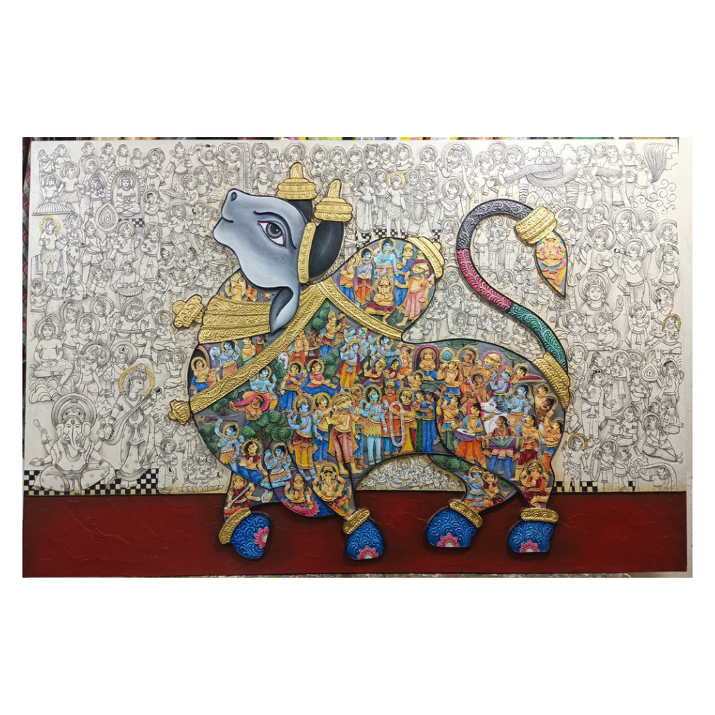 Stone Dust Painting – Sacred Cow with Krishna Leelas