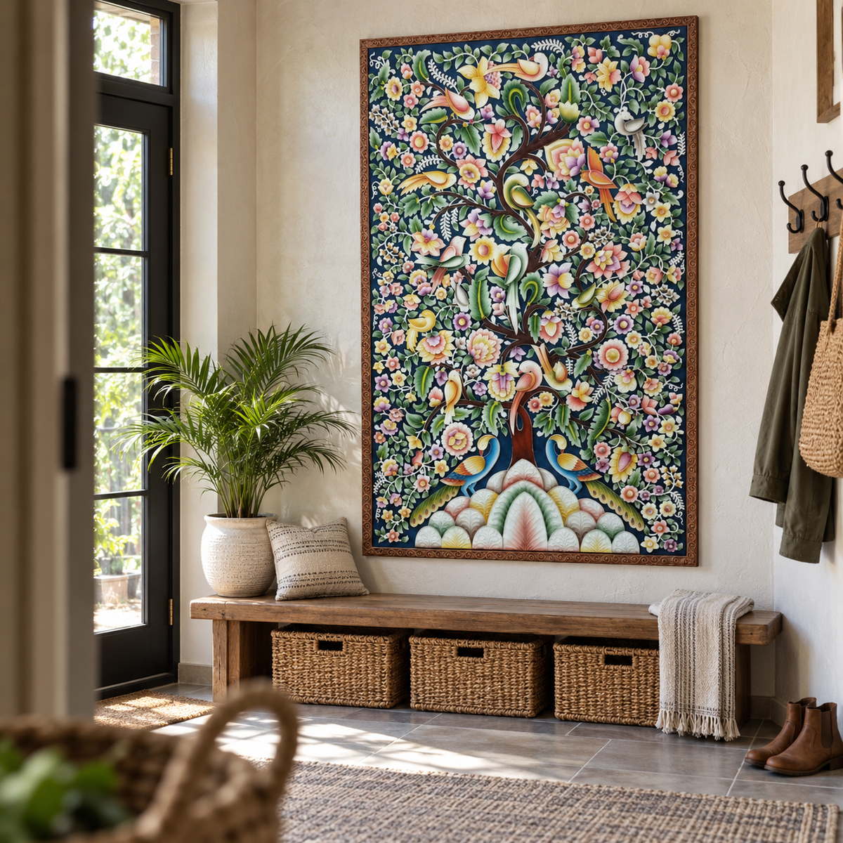 Stone Dust Painting – Tree of Life with Birds and Flowers