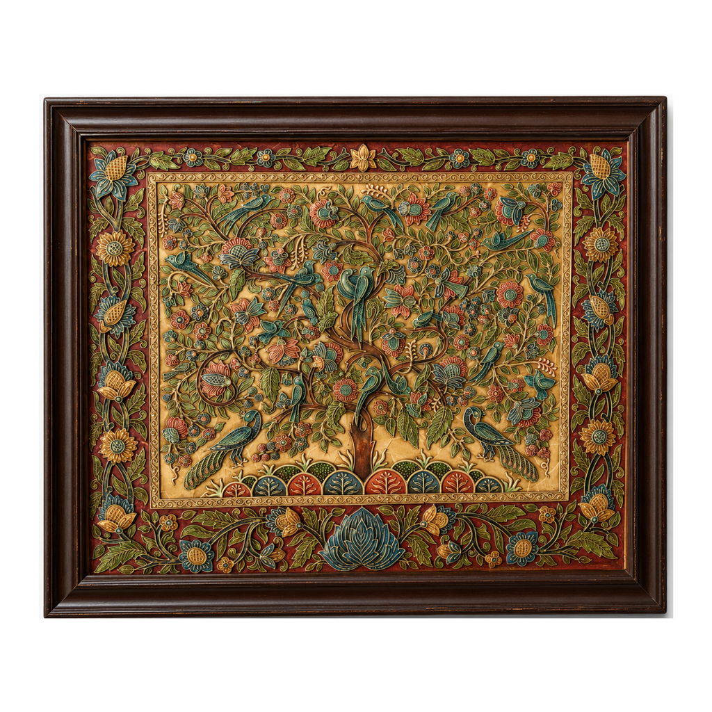 Stone Dust Painting – Tree of Life with Peacocks and Flowers