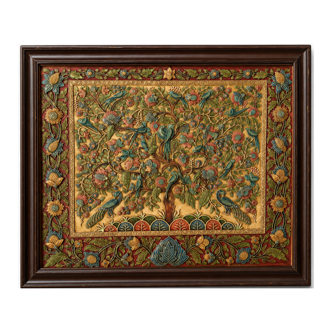 Stone Dust Painting – Tree of Life with Peacocks and Flowers