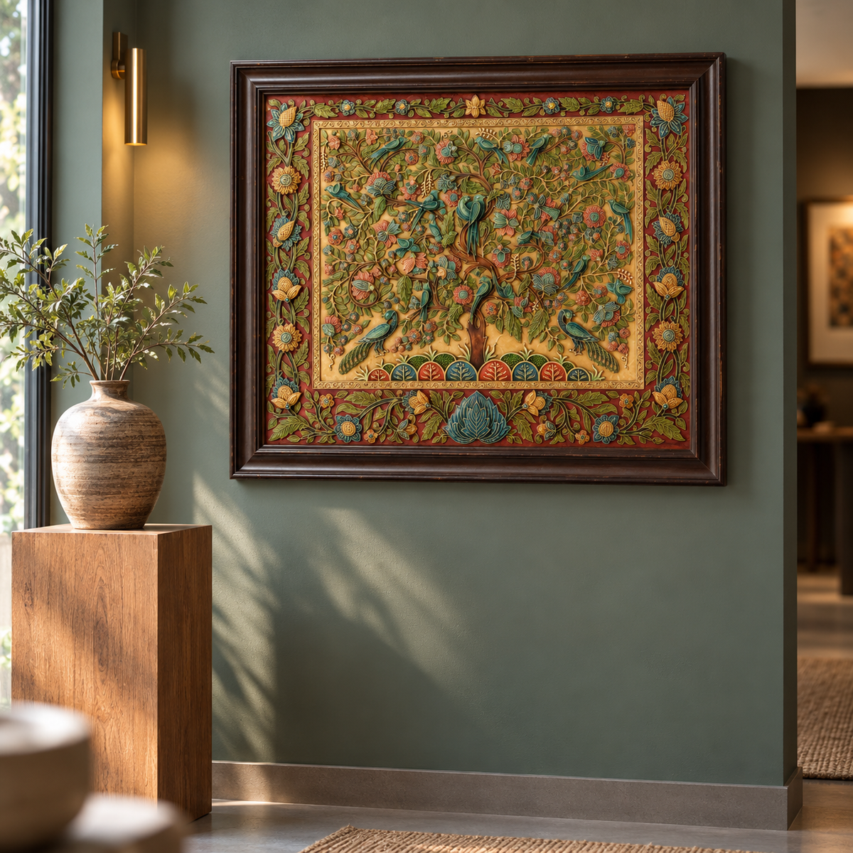 Stone Dust Painting – Tree of Life with Peacocks and Flowers
