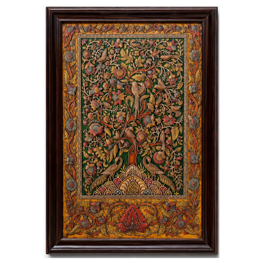 Stone Dust Painting – Tree of Life with Birds and Flowers