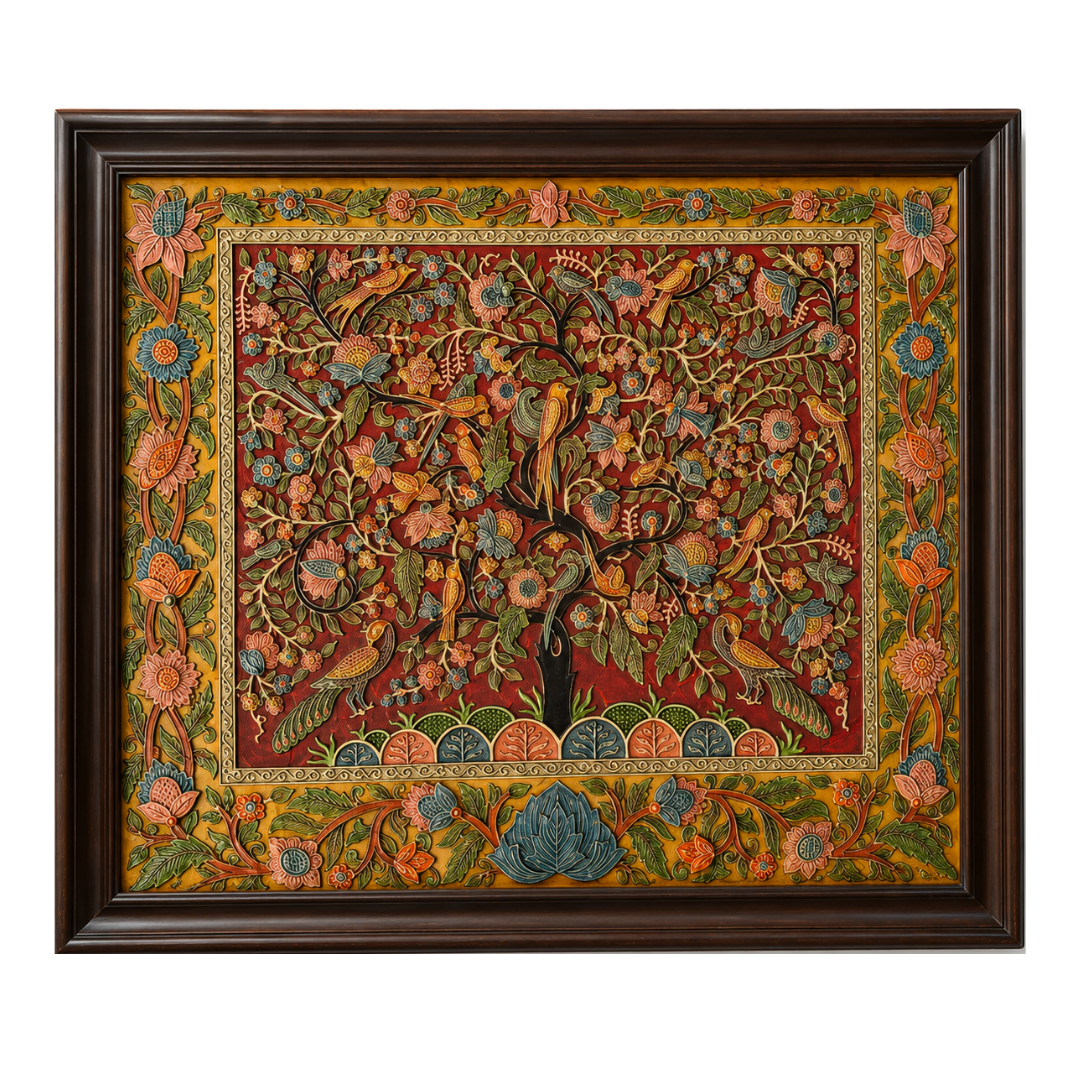 Stone Dust Painting – Tree of Life with Peacocks and Flowers