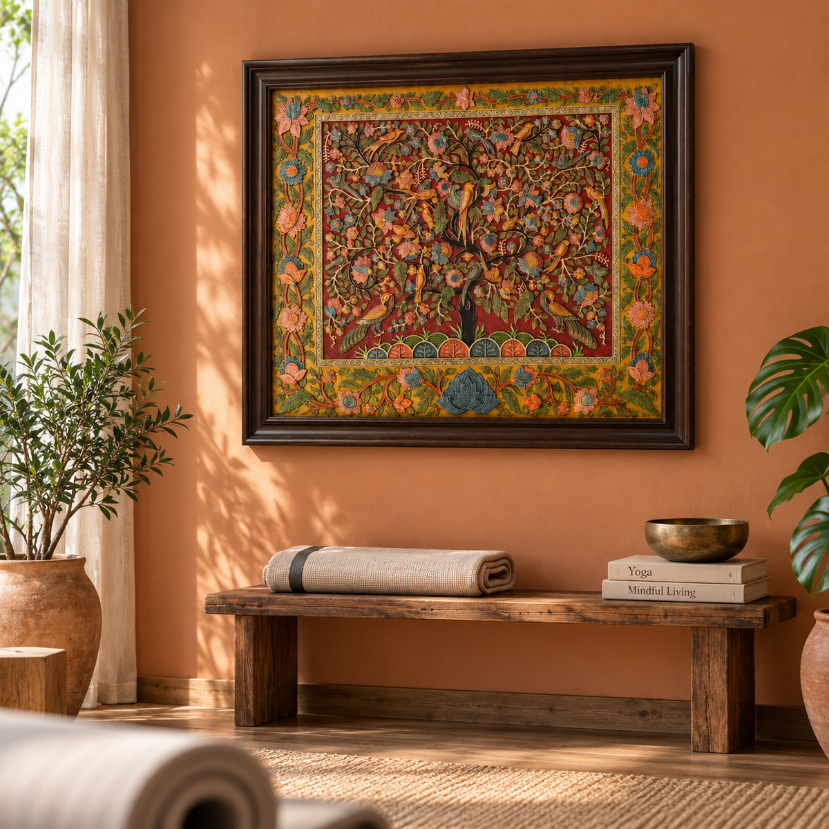 Stone Dust Painting – Tree of Life with Peacocks and Flowers