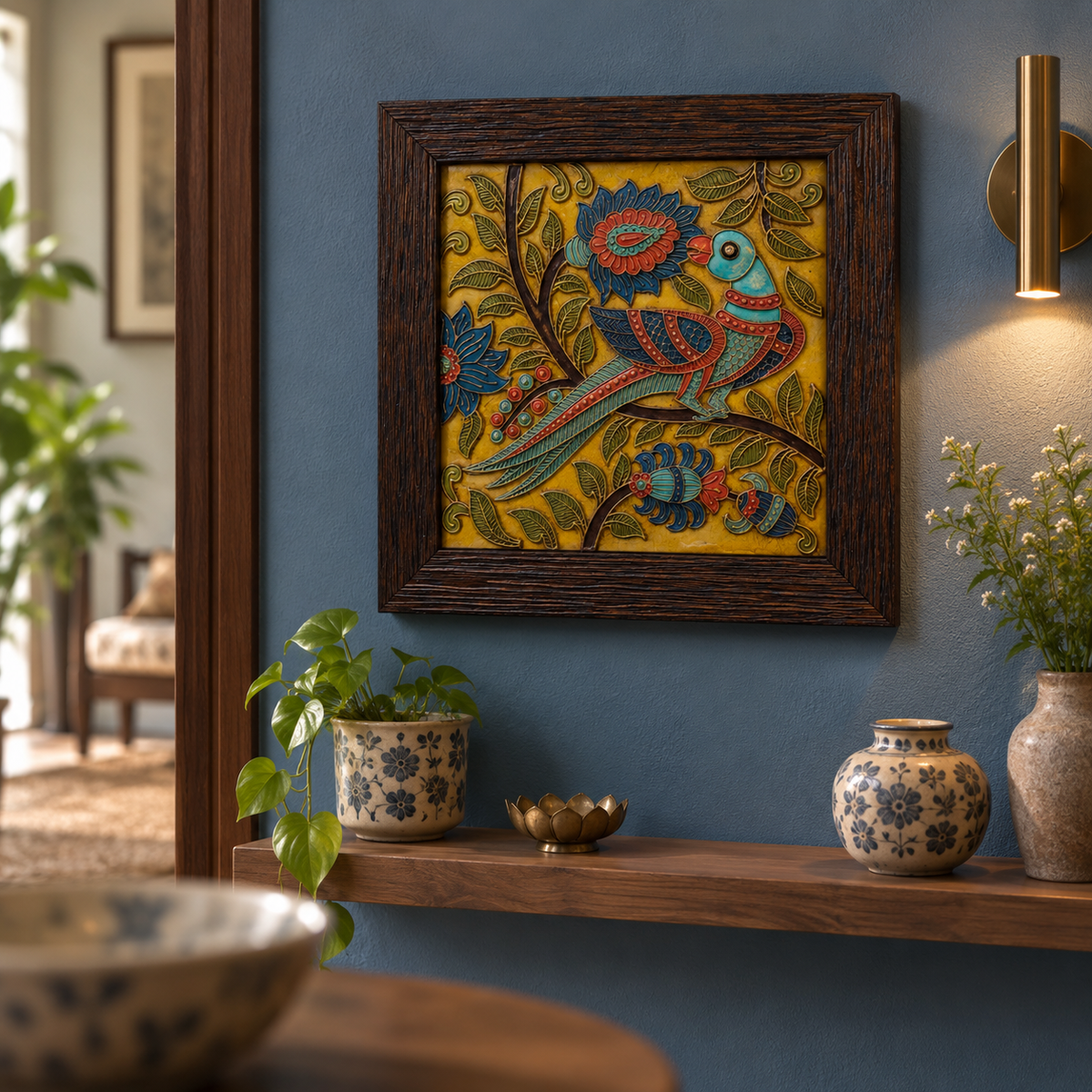 Stone Dust Painting – Blue Bird on Flowering Branch
