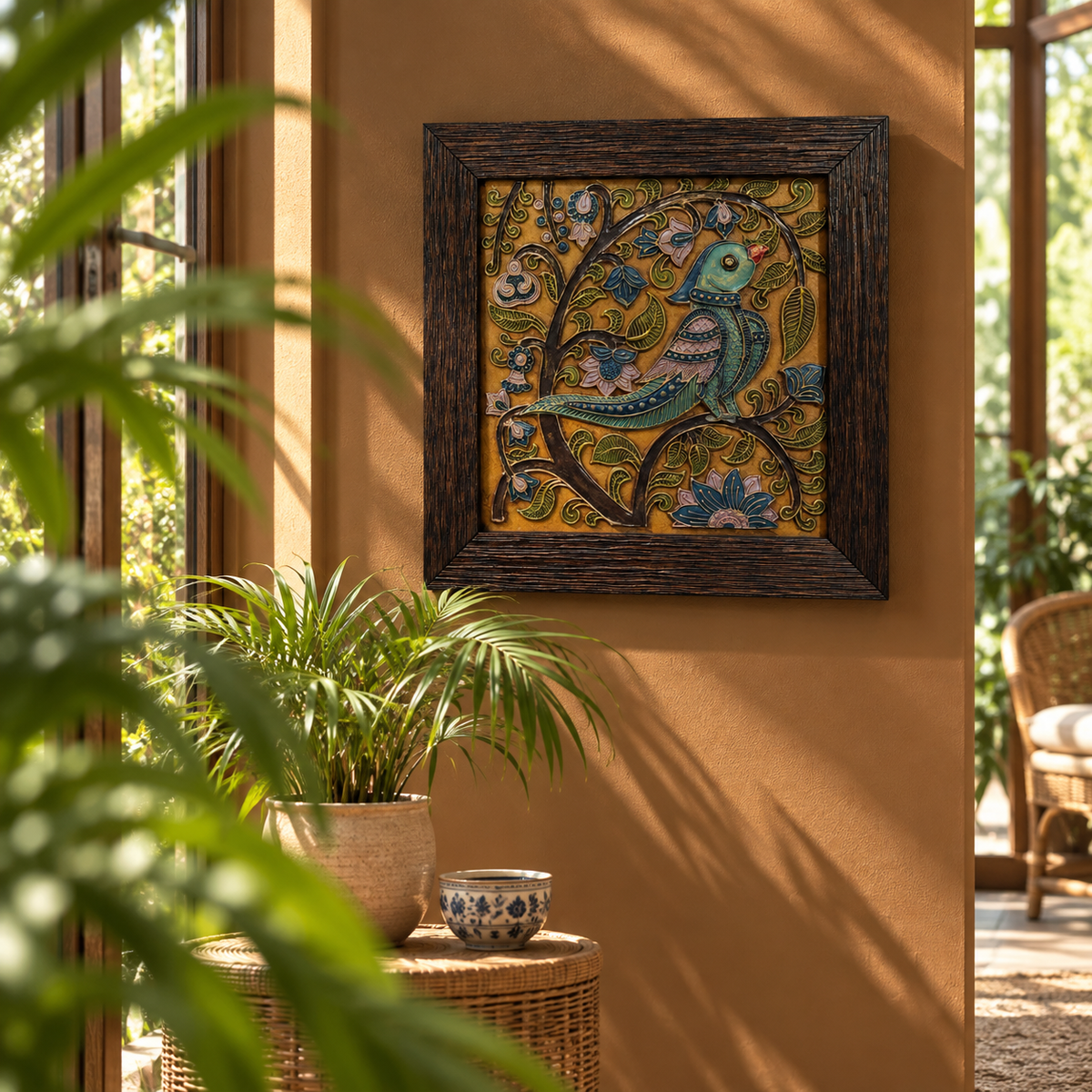 Stone Dust Painting – Blue Bird on Floral Branch