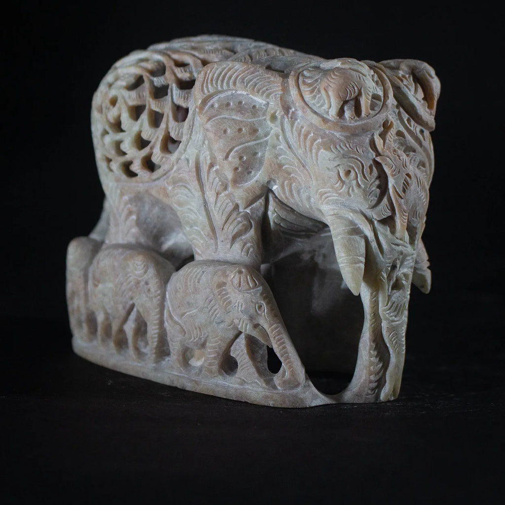 Varanasi Soft Stone Jali - Elephant With Family