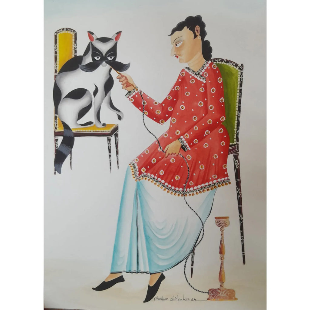 Kalighat - The Cat Enjoying Hookah with Babu