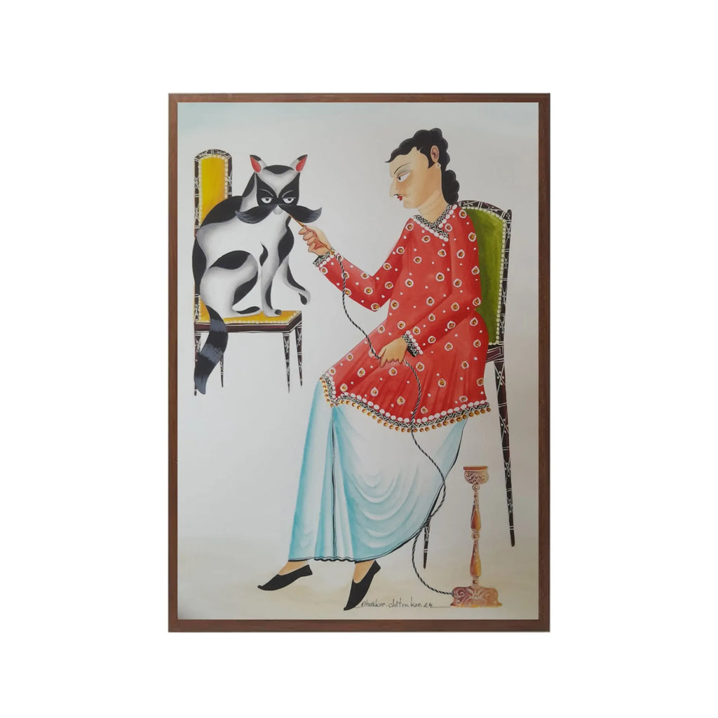 Kalighat - The Cat Enjoying Hookah with Babu