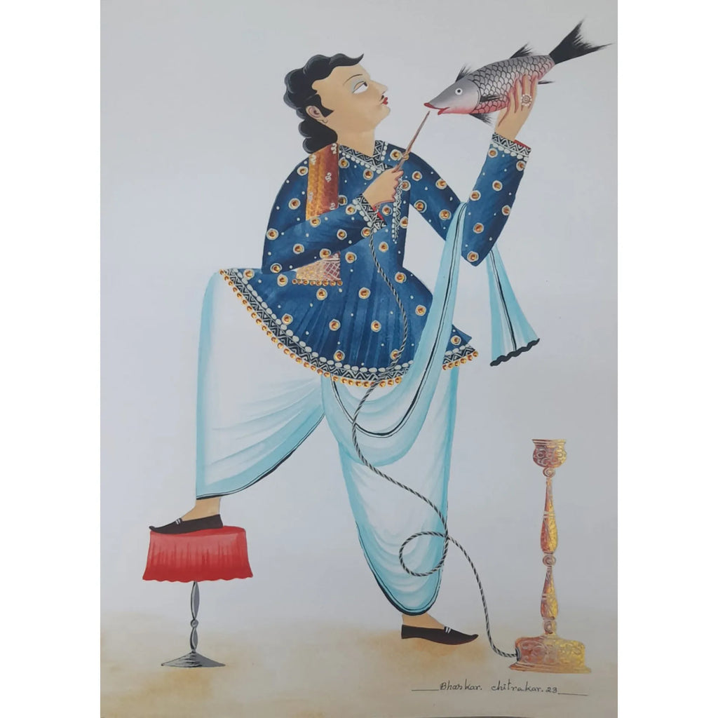 Kalighat - Babu Enjoying Hookah with the Fish