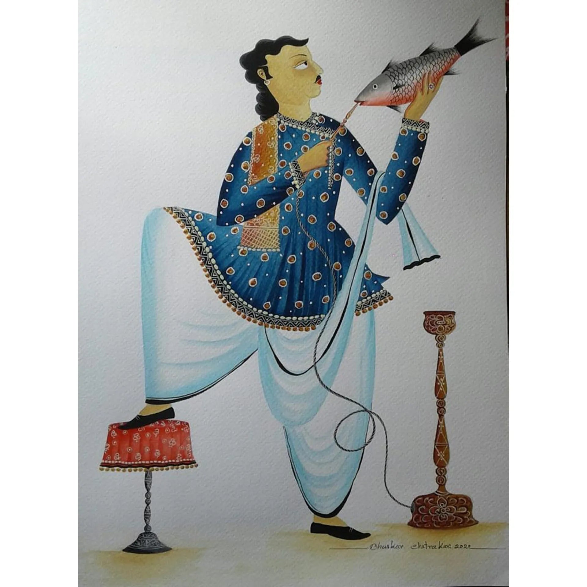 Kalighat - Babu Enjoying Hookah with the Fish