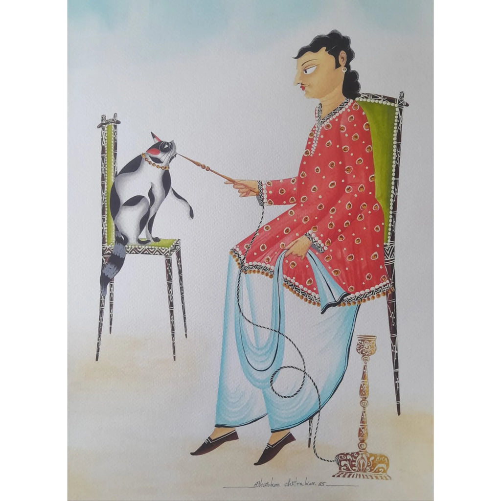 Kalighat - Babu enjoying hookah with the cat