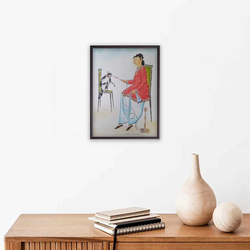 Kalighat - Babu enjoying hookah with the cat