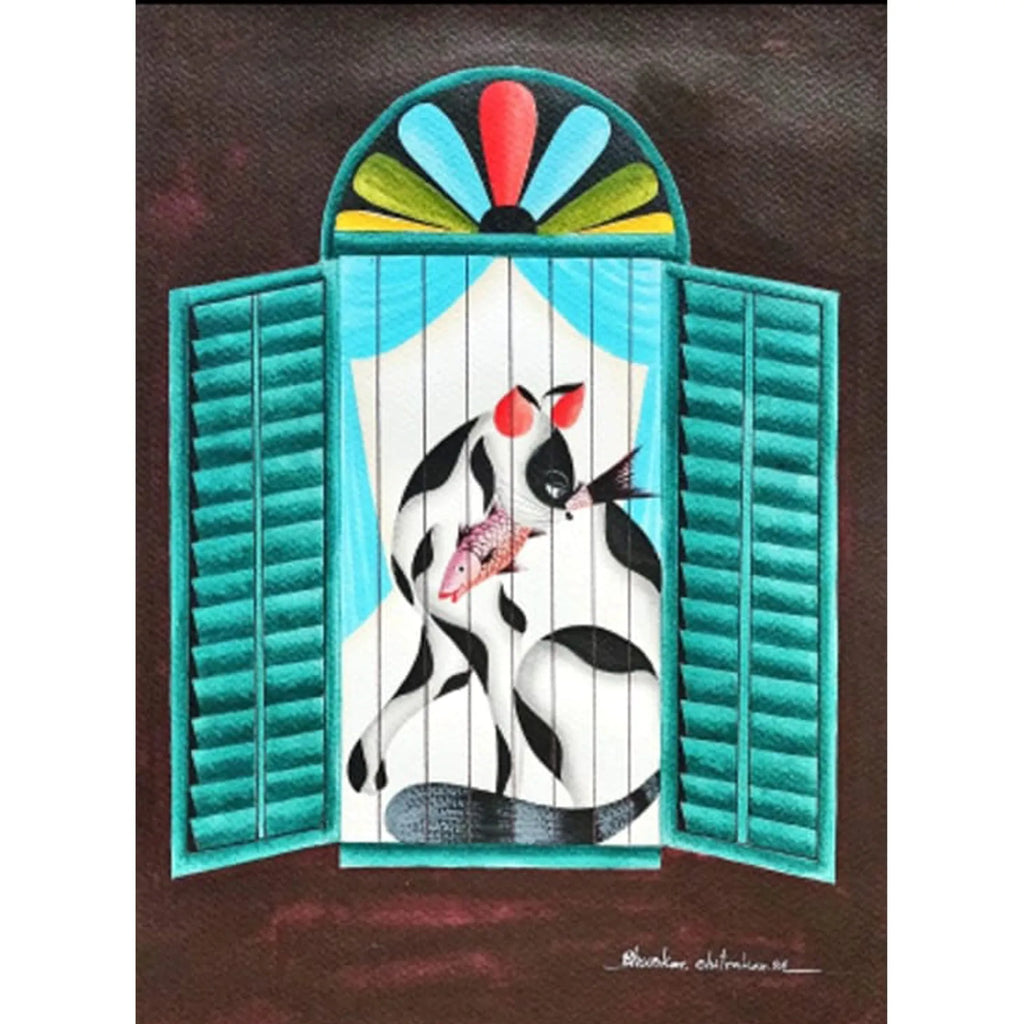 Kalighat - Cat eating fish in the window