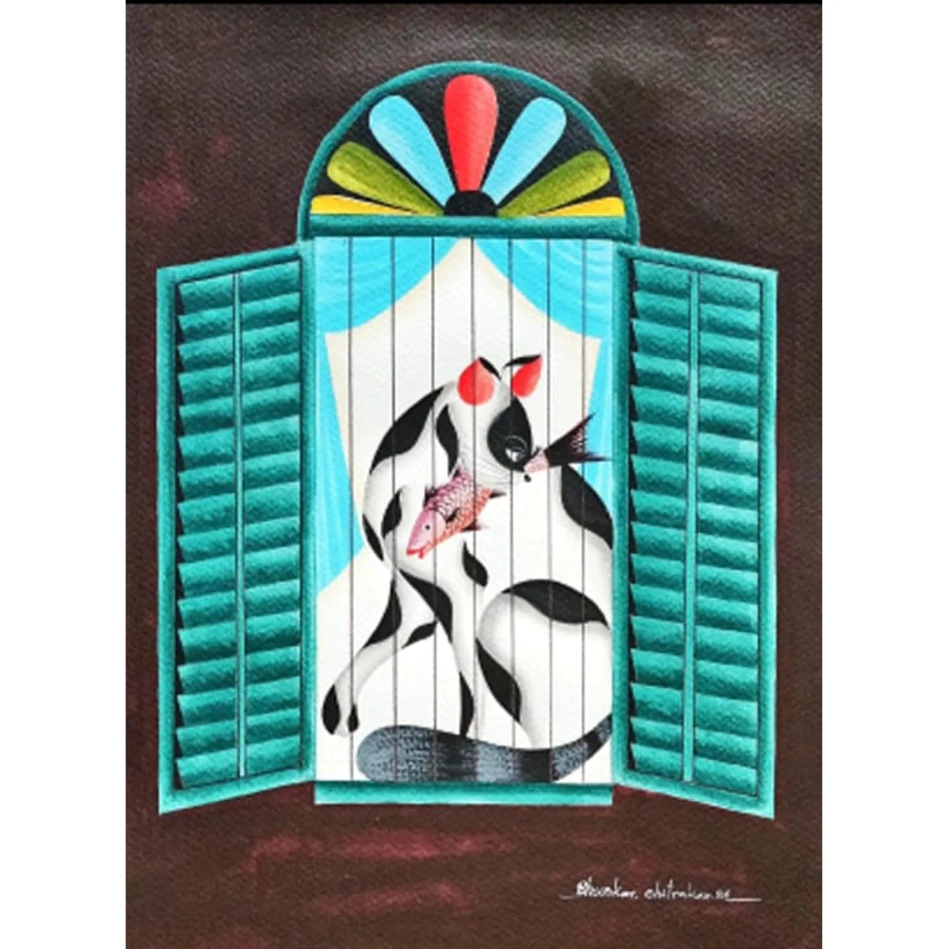 Kalighat - Cat eating fish in the window