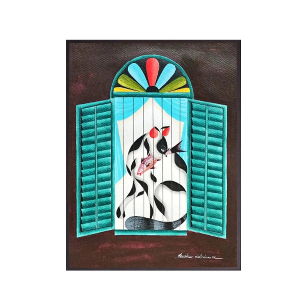 Kalighat - Cat eating fish in the window