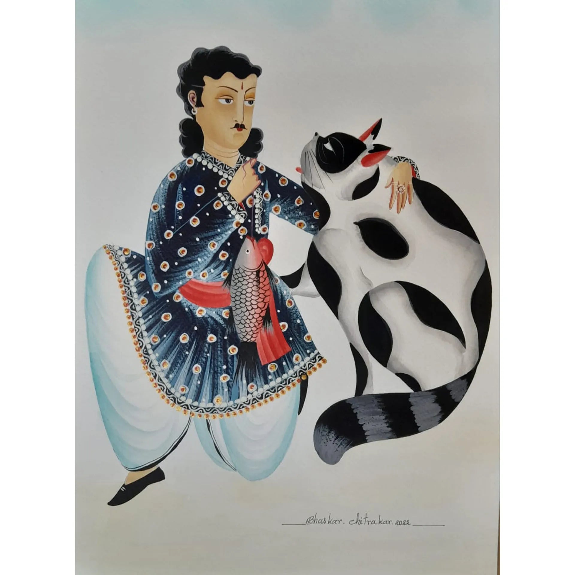 Kalighat - Bengali babu, cat and the fish