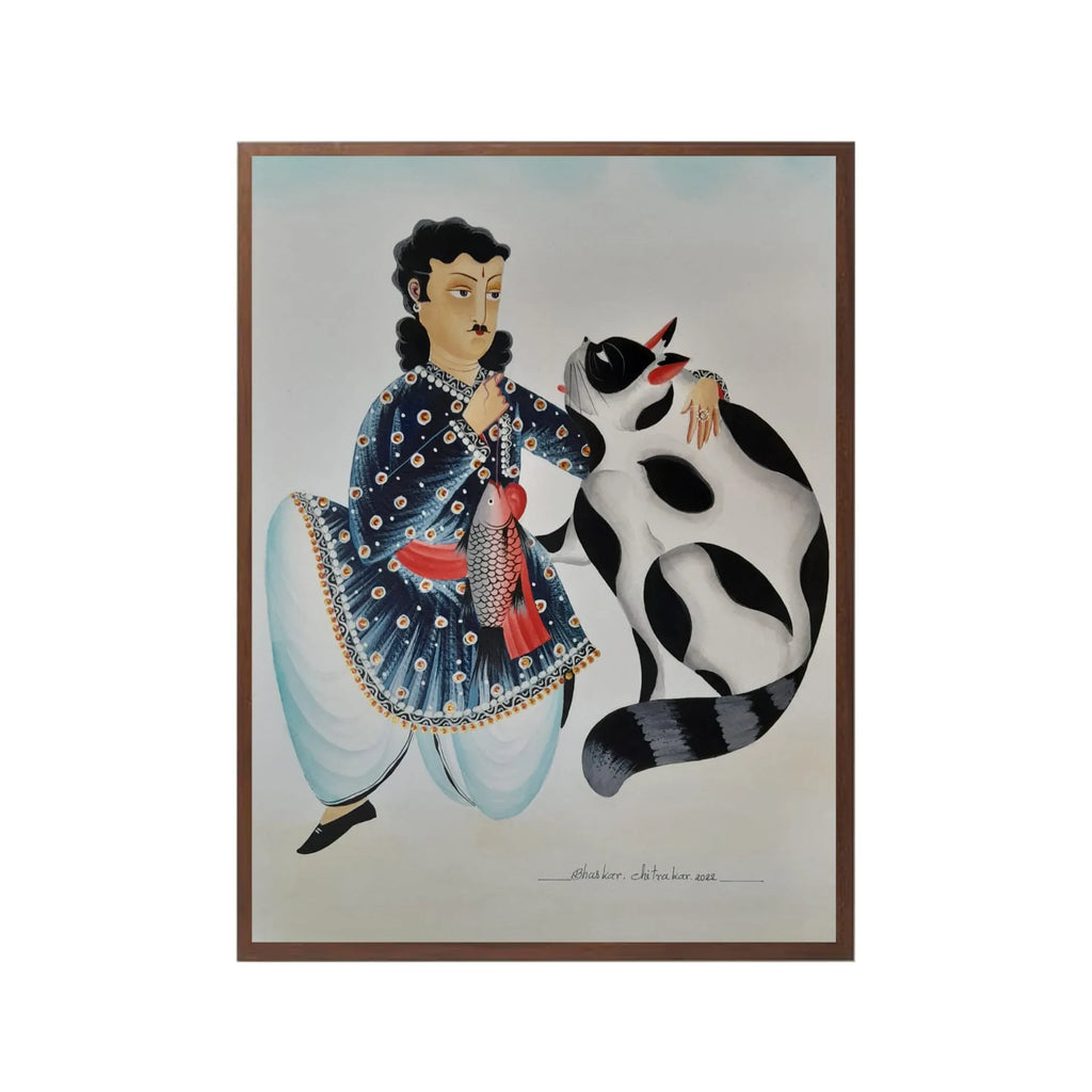 Kalighat - Bengali babu, cat and the fish