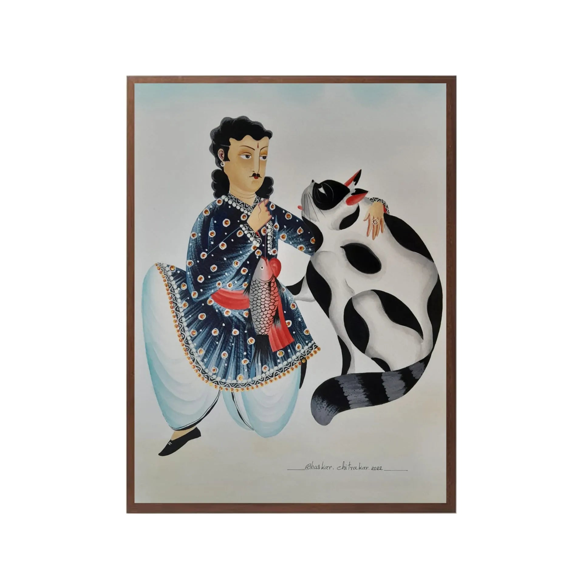 Kalighat - Bengali babu, cat and the fish