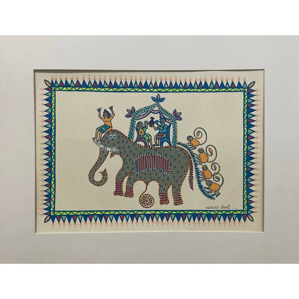 Pithora Art - A Grand Elephant Ride With Joyful People And Playful Monkeys