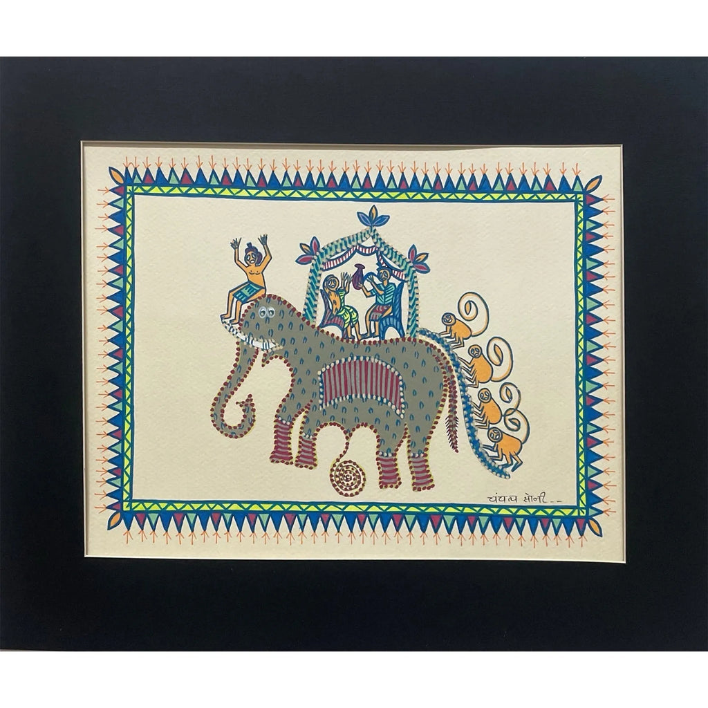 Pithora Art - A Grand Elephant Ride With Joyful People And Playful Monkeys