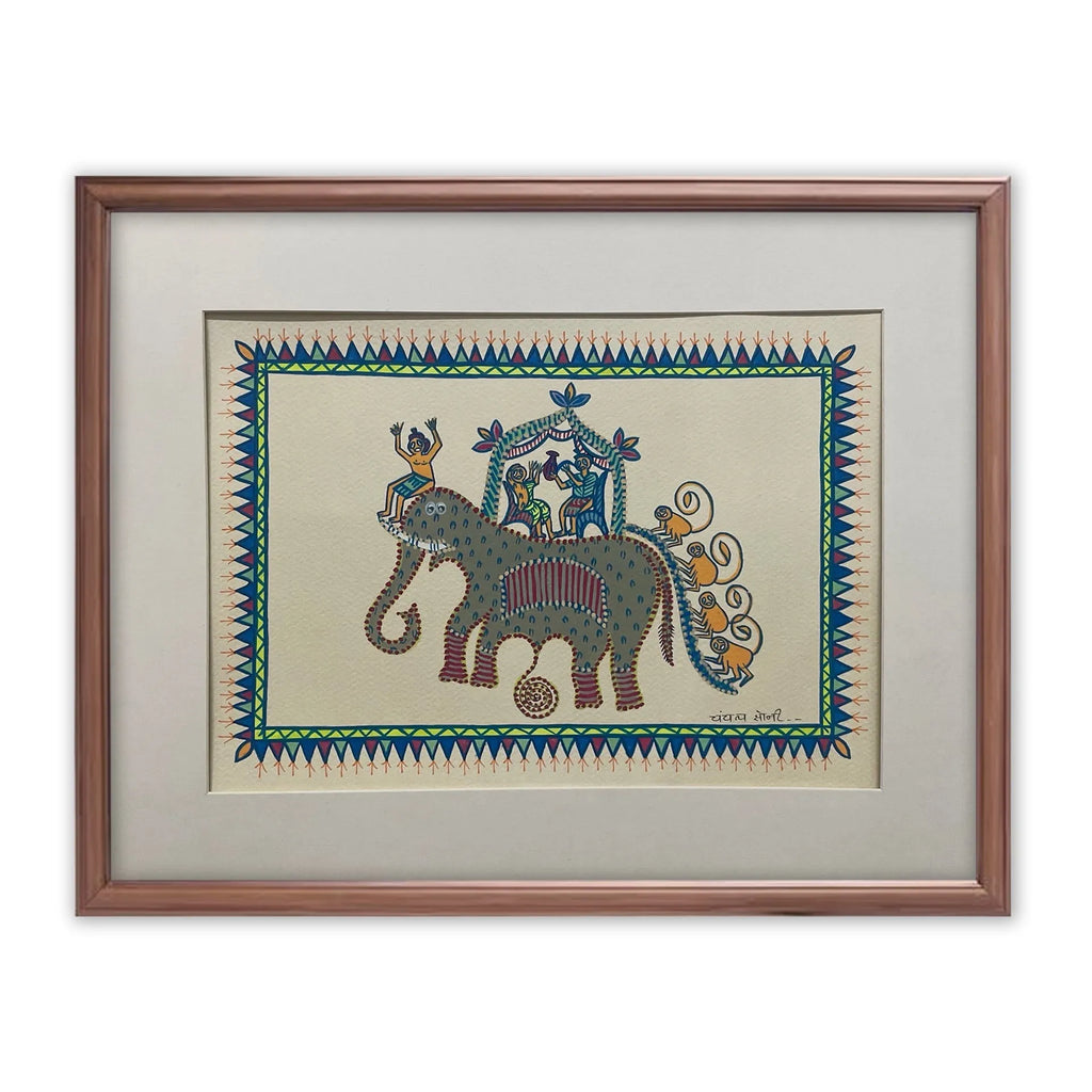Pithora Art - A Grand Elephant Ride With Joyful People And Playful Monkeys