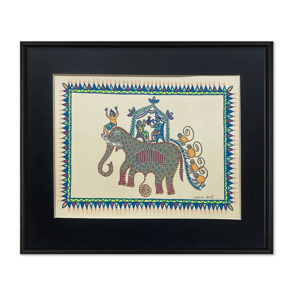 Pithora Art - A Grand Elephant Ride With Joyful People And Playful Monkeys