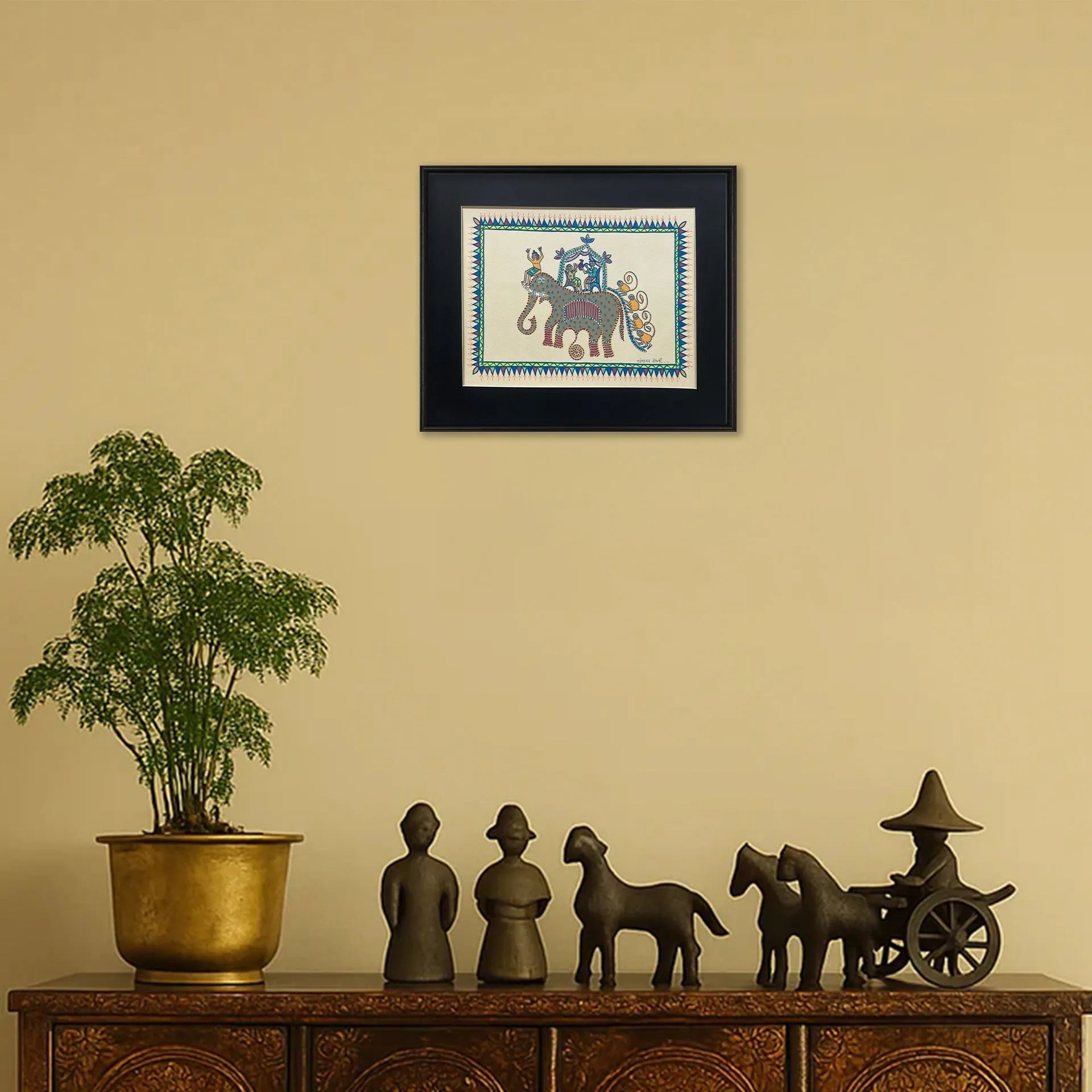 Pithora Art - A Grand Elephant Ride With Joyful People And Playful Monkeys