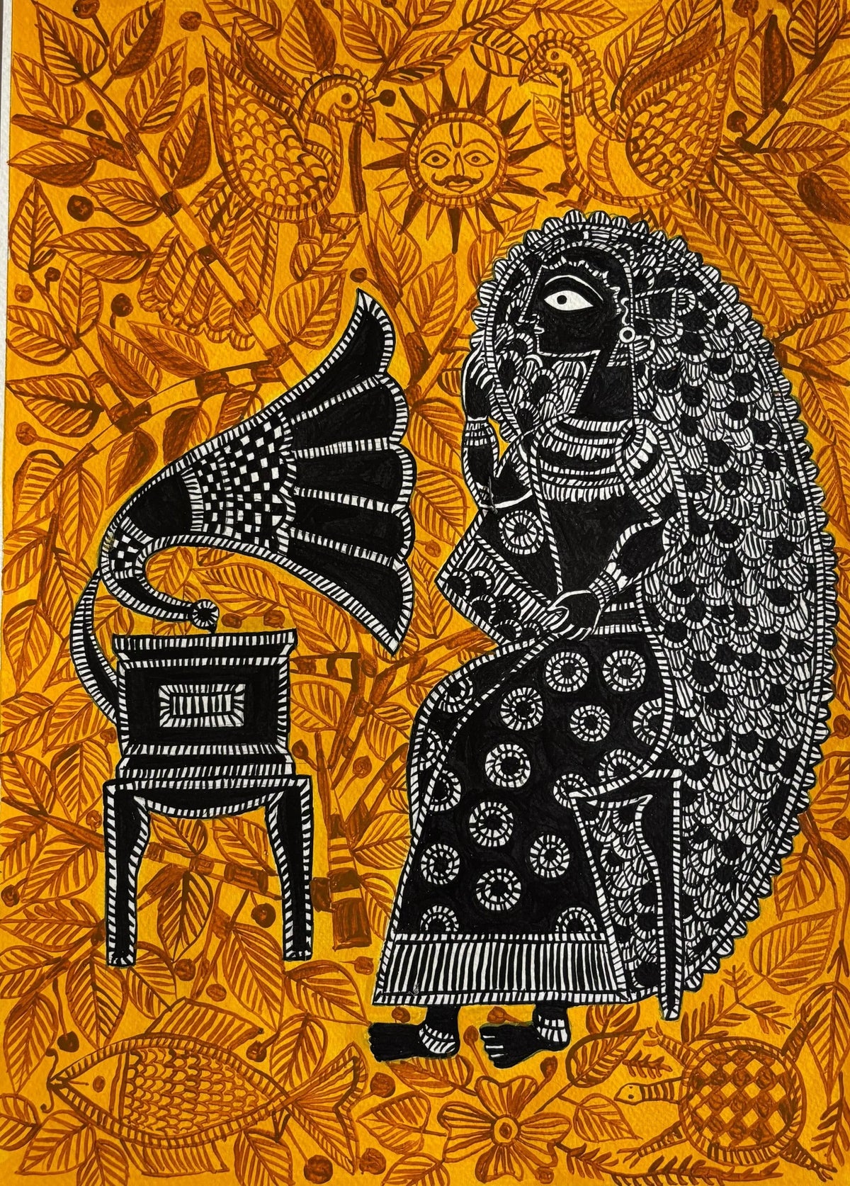 Madhubani - Lady with Gramophone