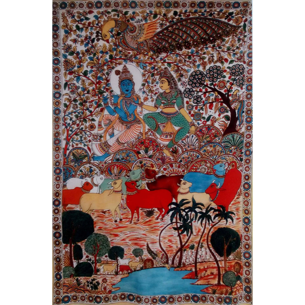 Kalamkari - Radha Krishna with Cows