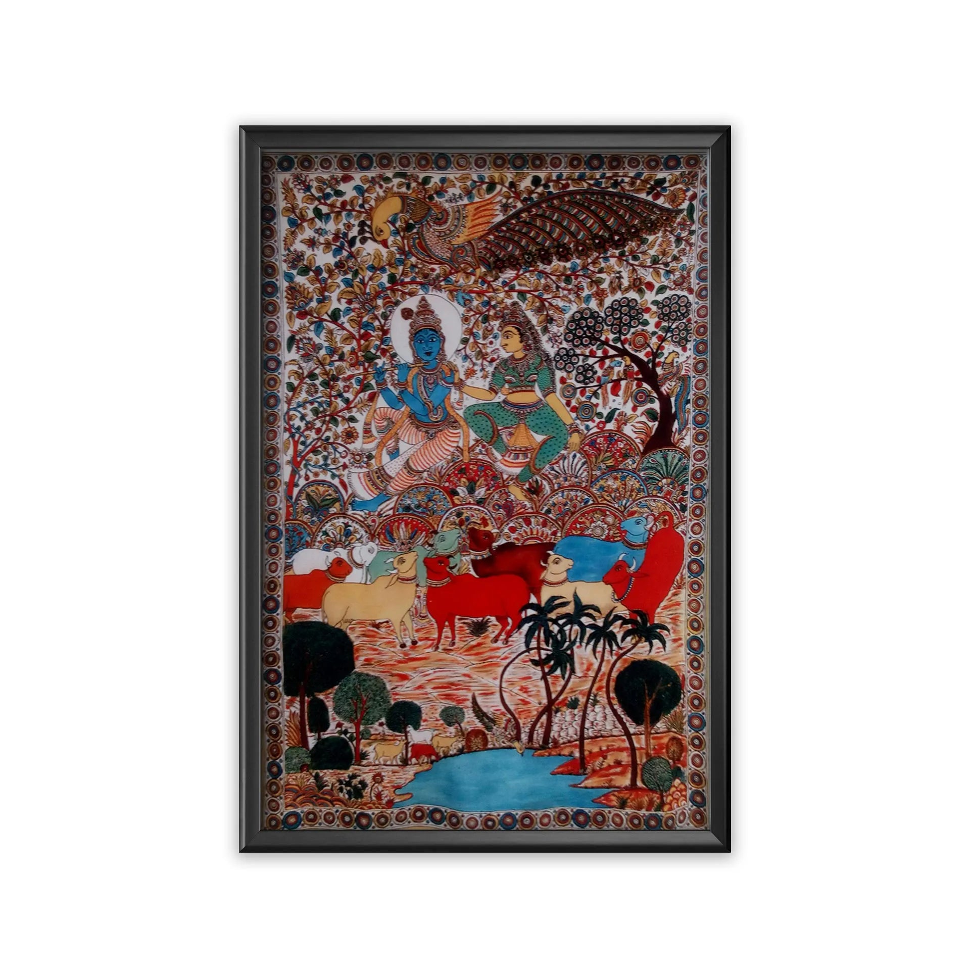 Kalamkari - Radha Krishna with Cows