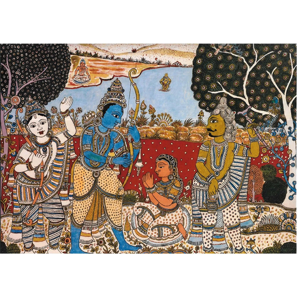 Kalamkari - Ahalya Shram Viluptam- Ram , Laxman, Ahalya and Vishyamitra