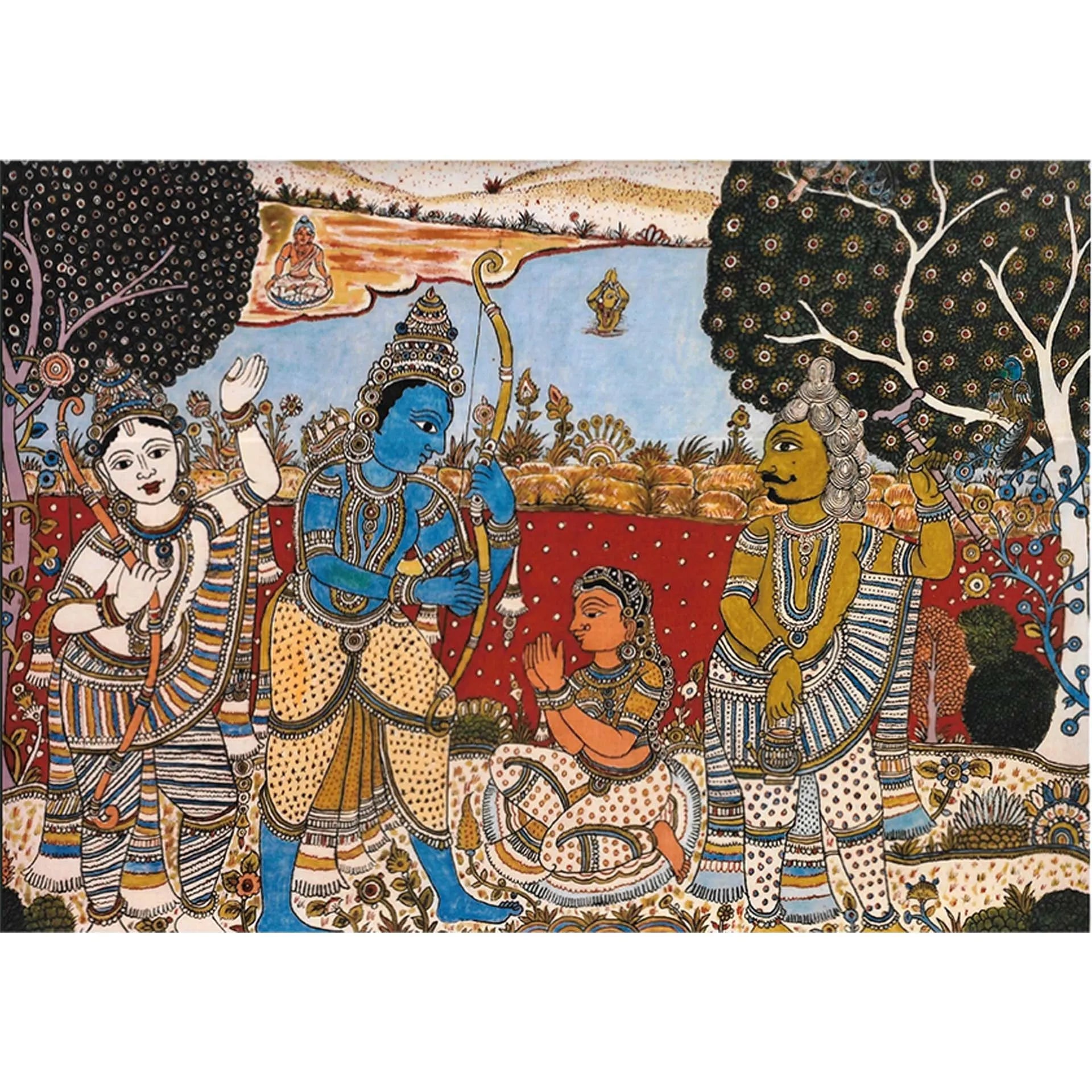 Kalamkari - Ahalya Shram Viluptam- Ram , Laxman, Ahalya and Vishyamitra