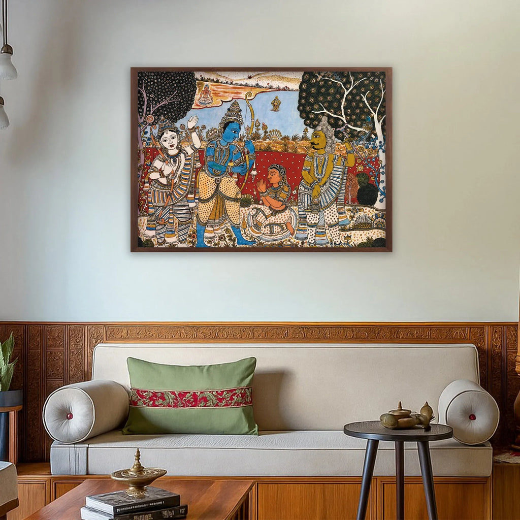 Kalamkari - Ahalya Shram Viluptam- Ram , Laxman, Ahalya and Vishyamitra