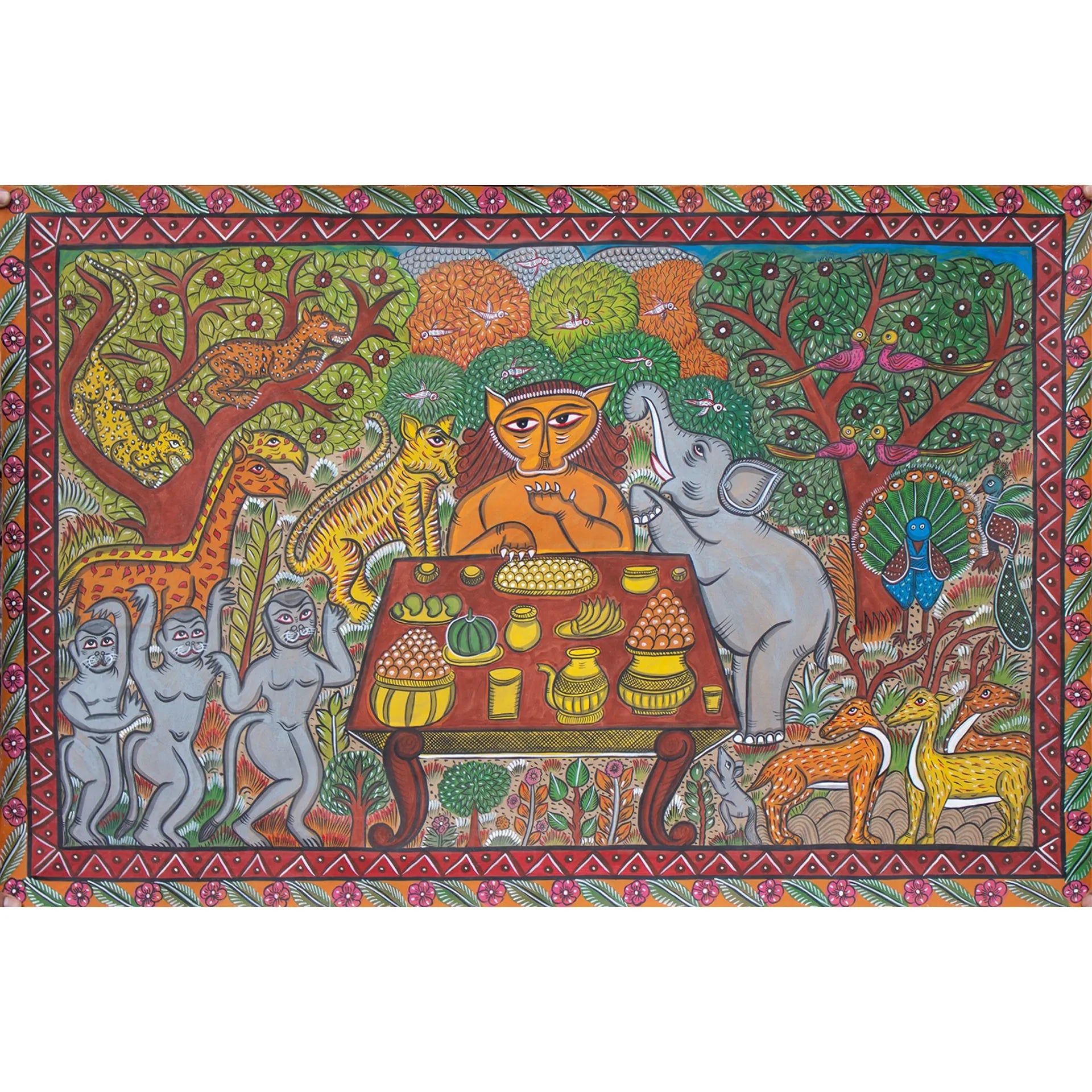 Bengal Pattachitra - Jungle story- pleasing the lion king