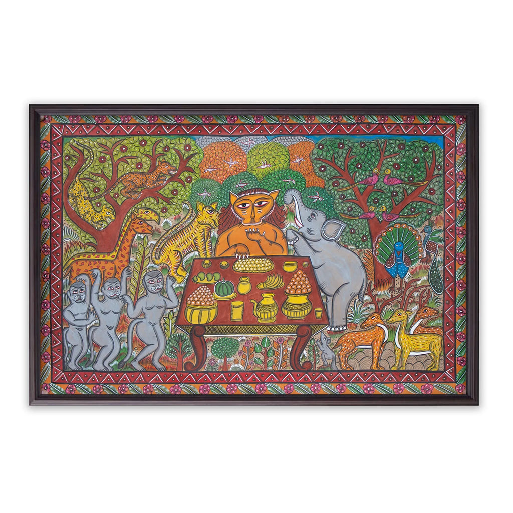 Bengal Pattachitra - Jungle story- pleasing the lion king