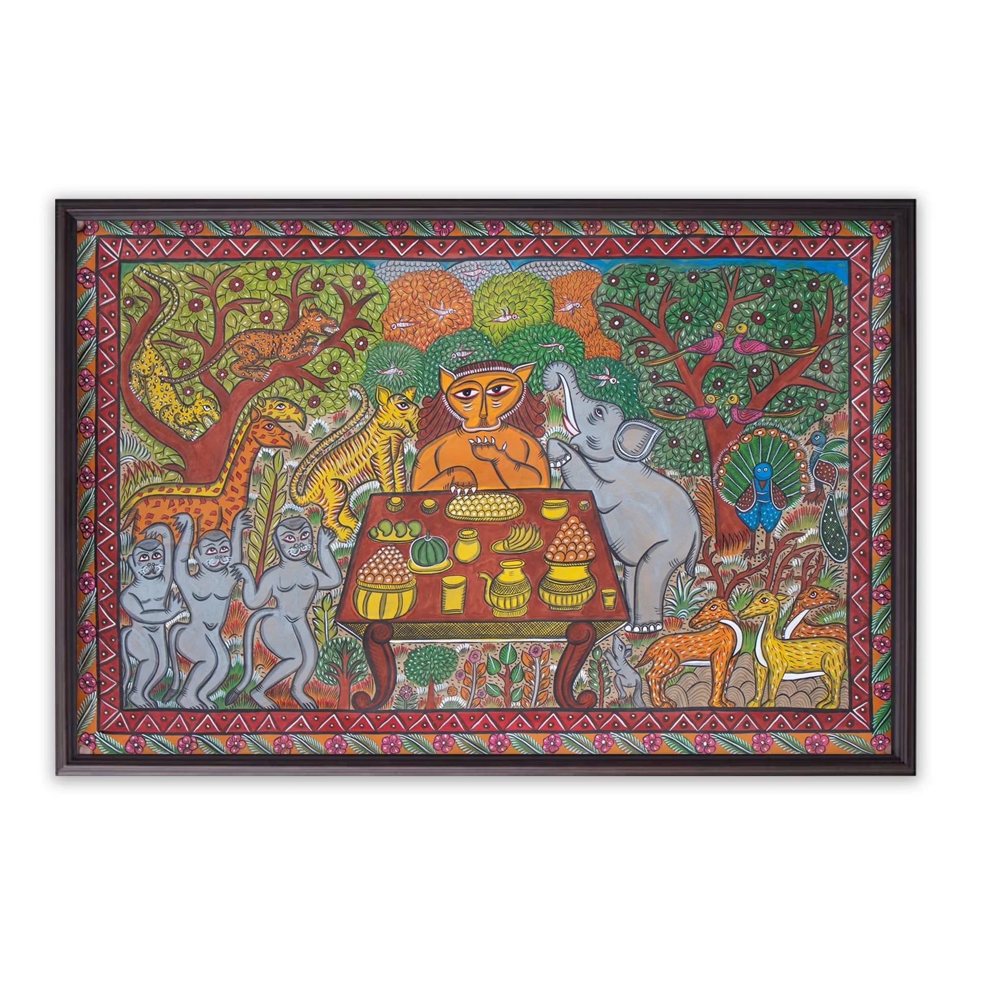 Bengal Pattachitra - Jungle story- pleasing the lion king
