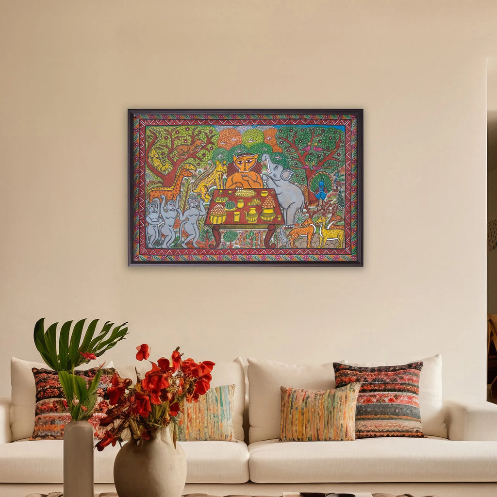 Bengal Pattachitra - Jungle story- pleasing the lion king