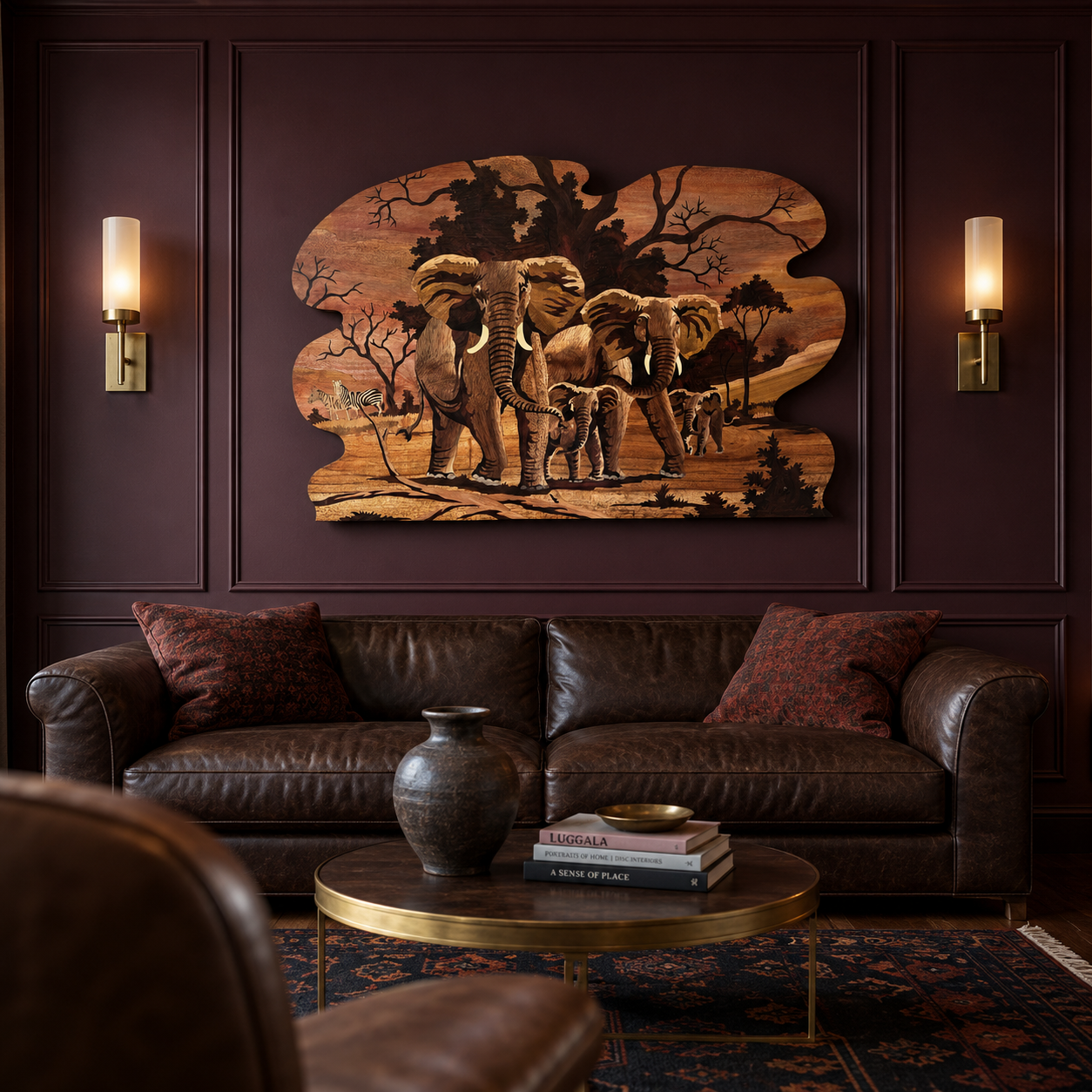 Mysore Rosewood Inlay – Elephant Family in the Wilderness